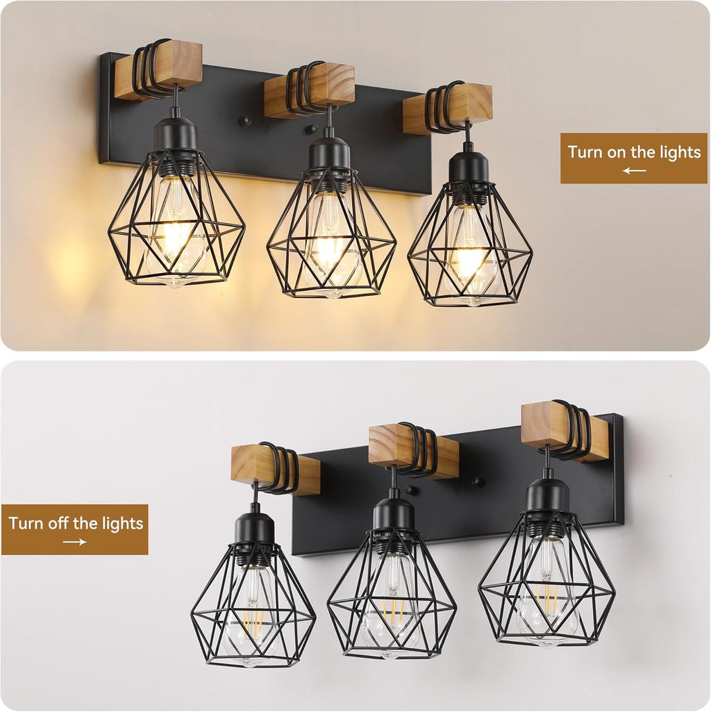 Farmhouse 3-Light Bathroom Vanity Light | Rustic Wood & Metal Wall Sconce Fixture
