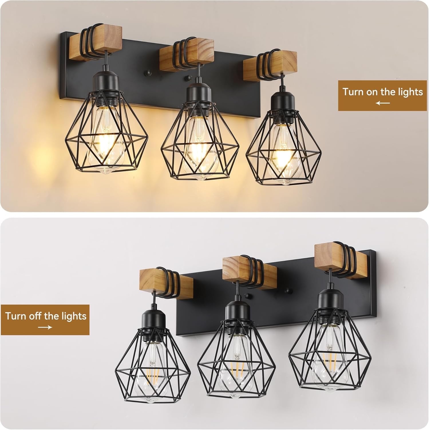 Farmhouse 3-Light Bathroom Vanity Light | Rustic Wood & Metal Wall Sconce Fixture