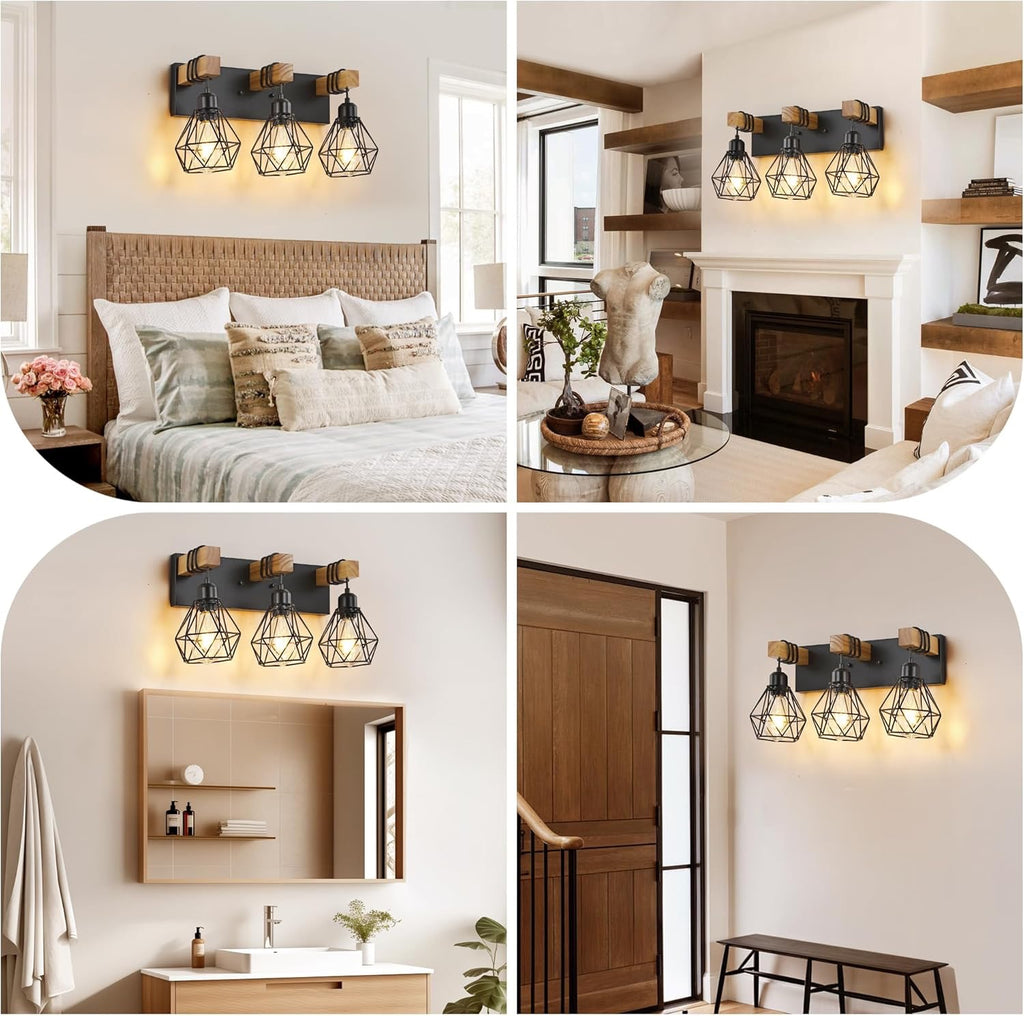 Farmhouse 3-Light Bathroom Vanity Light | Rustic Wood & Metal Wall Sconce Fixture