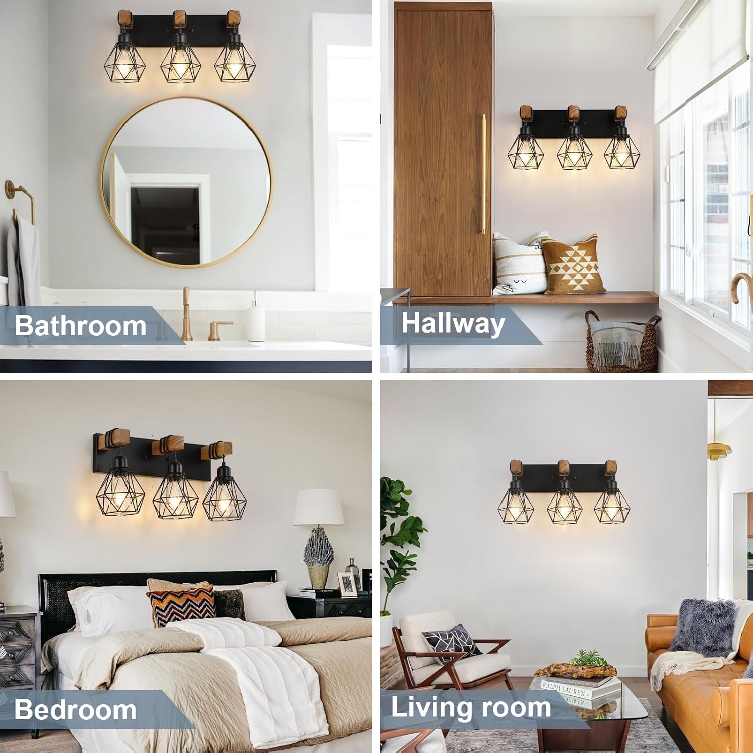 Farmhouse 3-Light Bathroom Vanity Light | Rustic Wood & Metal Wall Sconce Fixture