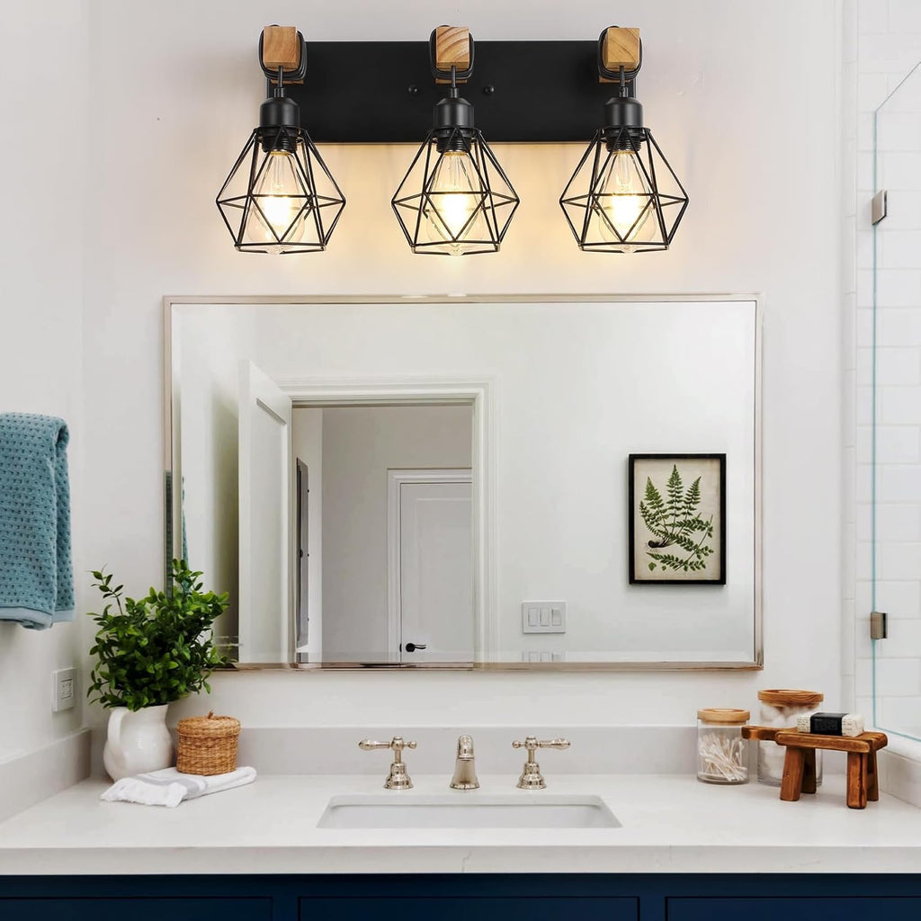Farmhouse 3-Light Bathroom Vanity Light | Rustic Wood & Metal Wall Sconce Fixture