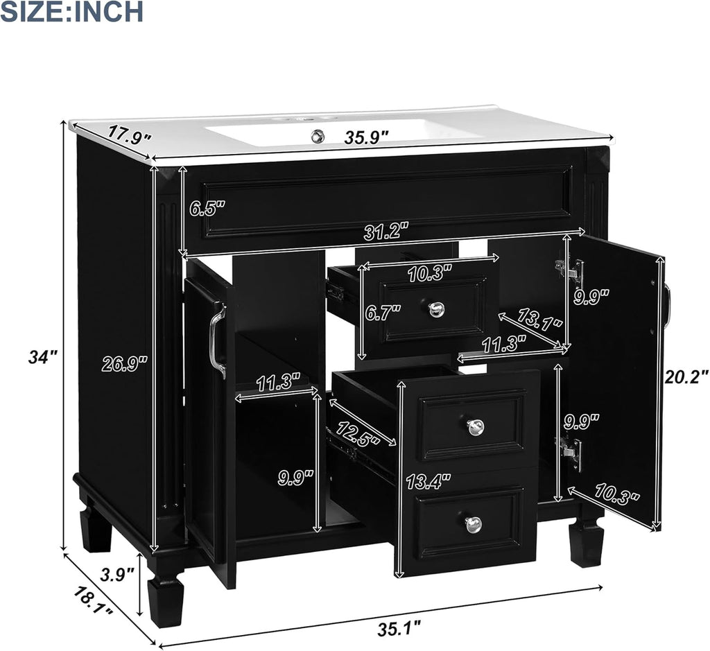 Merax 36" Bathroom Vanity with Sink & Matching Mirror | Solid Wood Storage Cabinet