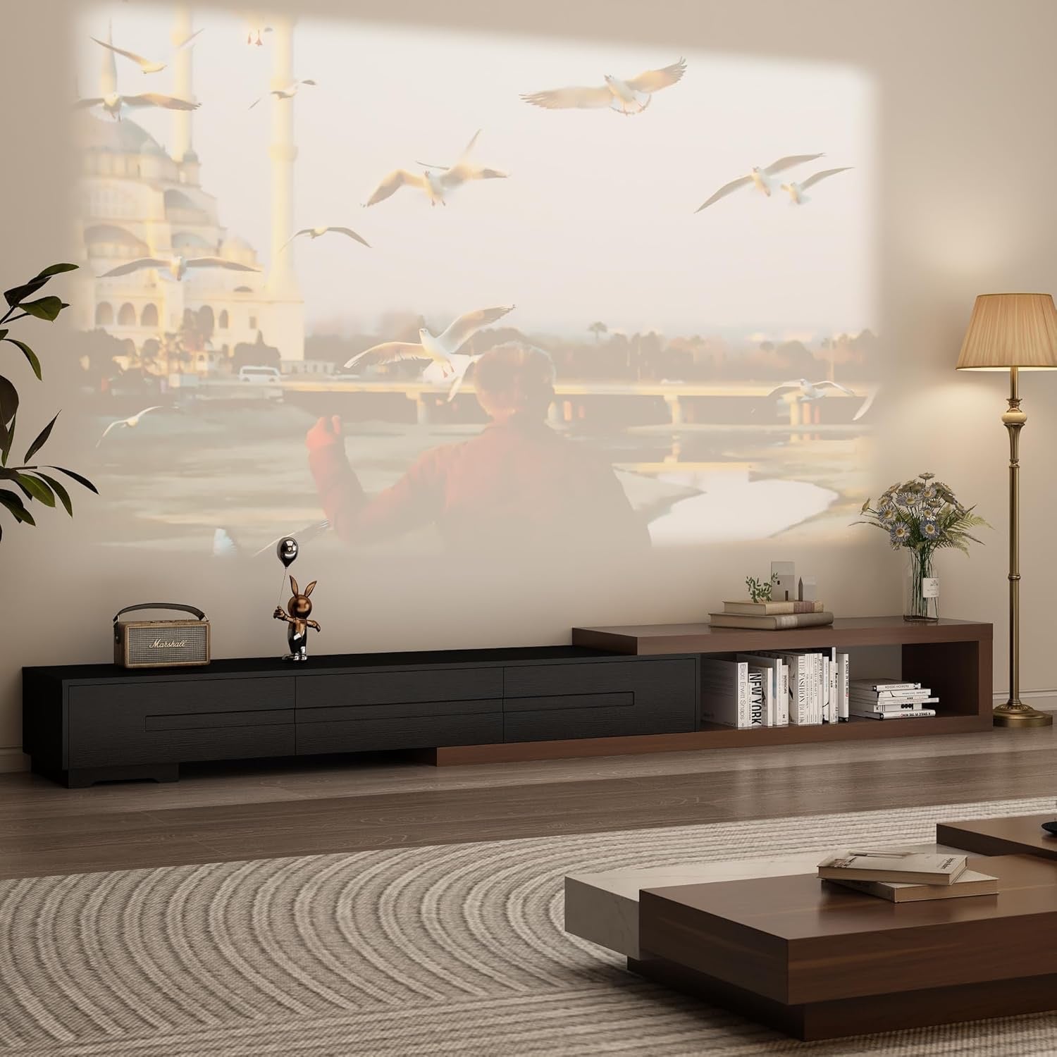 Extendable Modern TV Stand | Adjustable Wood Media Console for Up to 120” TVs (Black & Walnut)