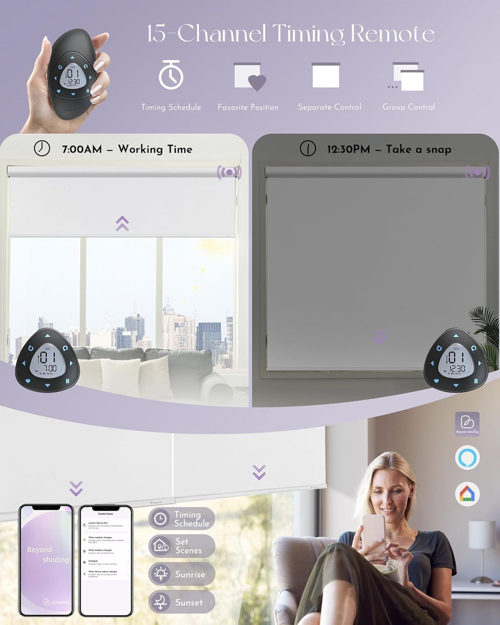 Graywind Motorized Blackout Roller Shades – Smart Window Blinds with Alexa & Google Compatibility