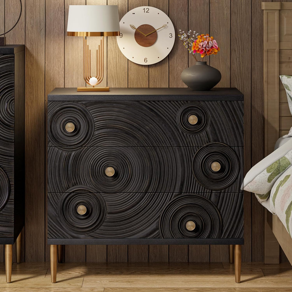 Farmhouse 3-Drawer Dresser with Ring Motif | Distressed Black & Gold Boho French Country Nightstand