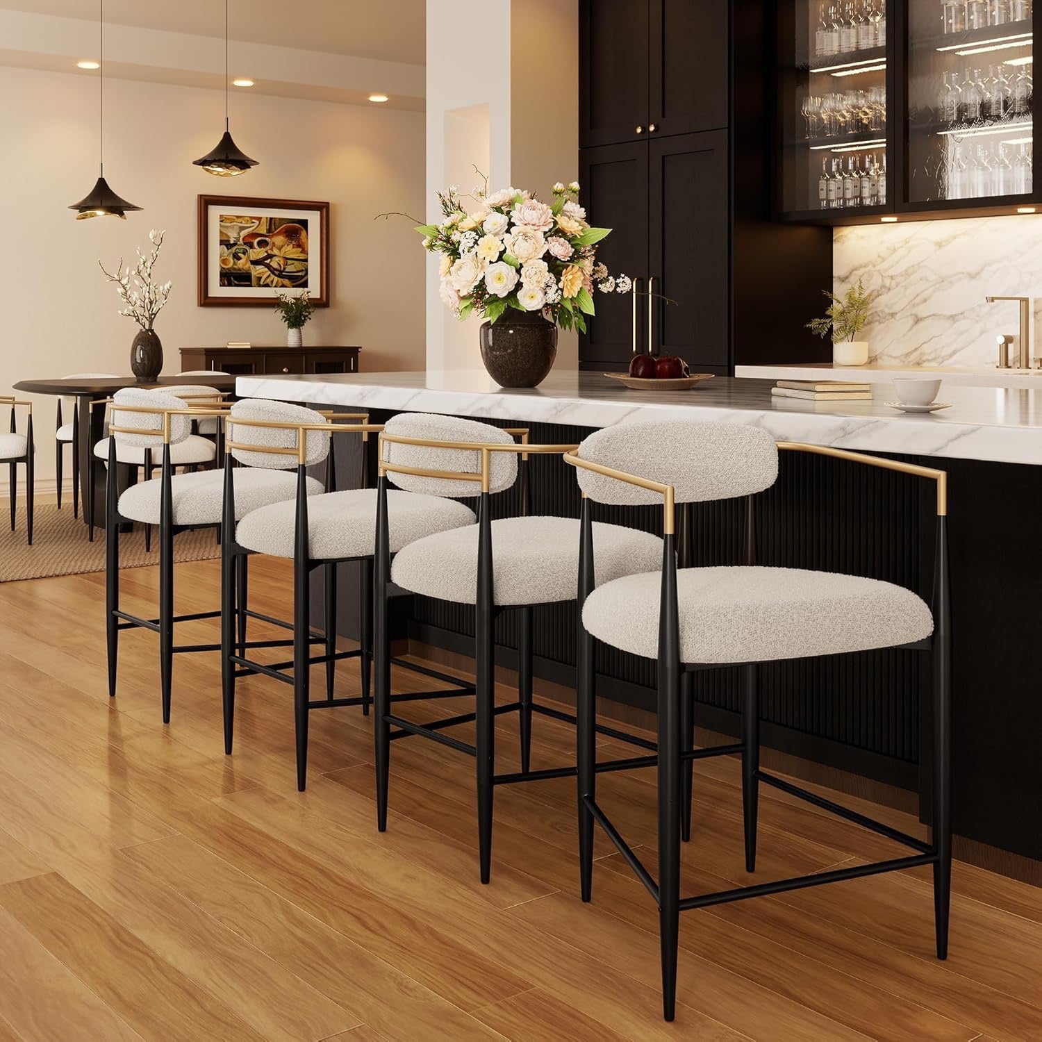 Morden Fort Counter Height Bar Stools Set of 2 | Upholstered Kitchen Island Chairs with Gold Arms & Black Legs