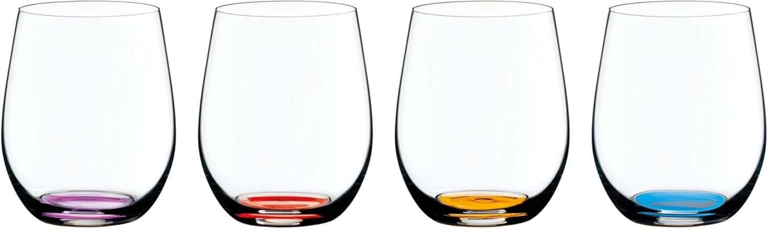Riedel Happy O Wine Tumbler Set of 4 | Stemless Crystal Wine Glasses Colored Base Dishwasher Safe Modern Glassware