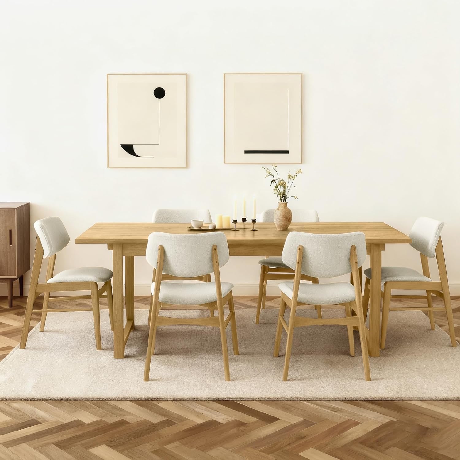 Wooden Oak Upholstered Dining Chairs Set of 2 | Modern Cream Fabric Kitchen & Dining Room Chairs