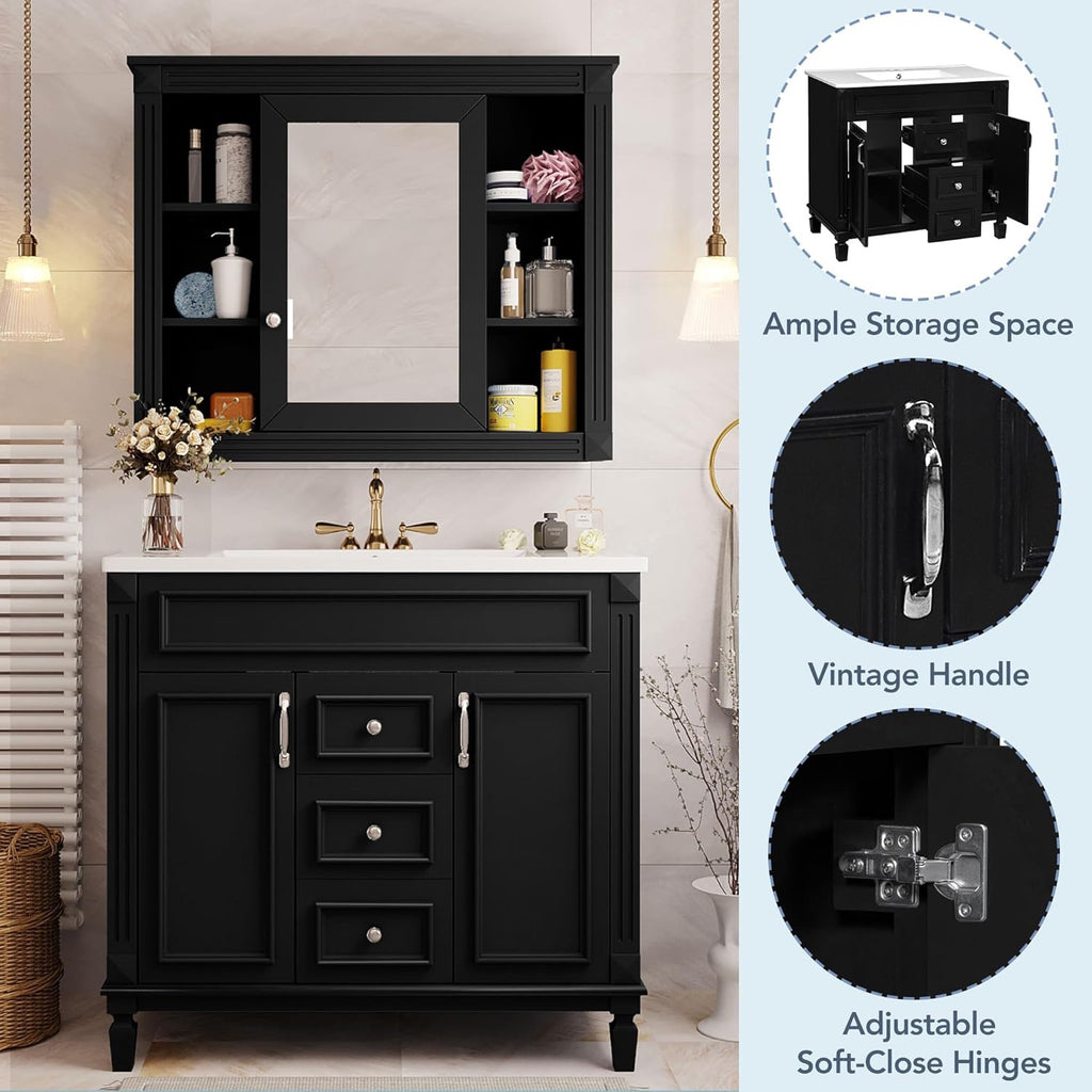 Merax 36" Bathroom Vanity with Sink & Matching Mirror | Solid Wood Storage Cabinet