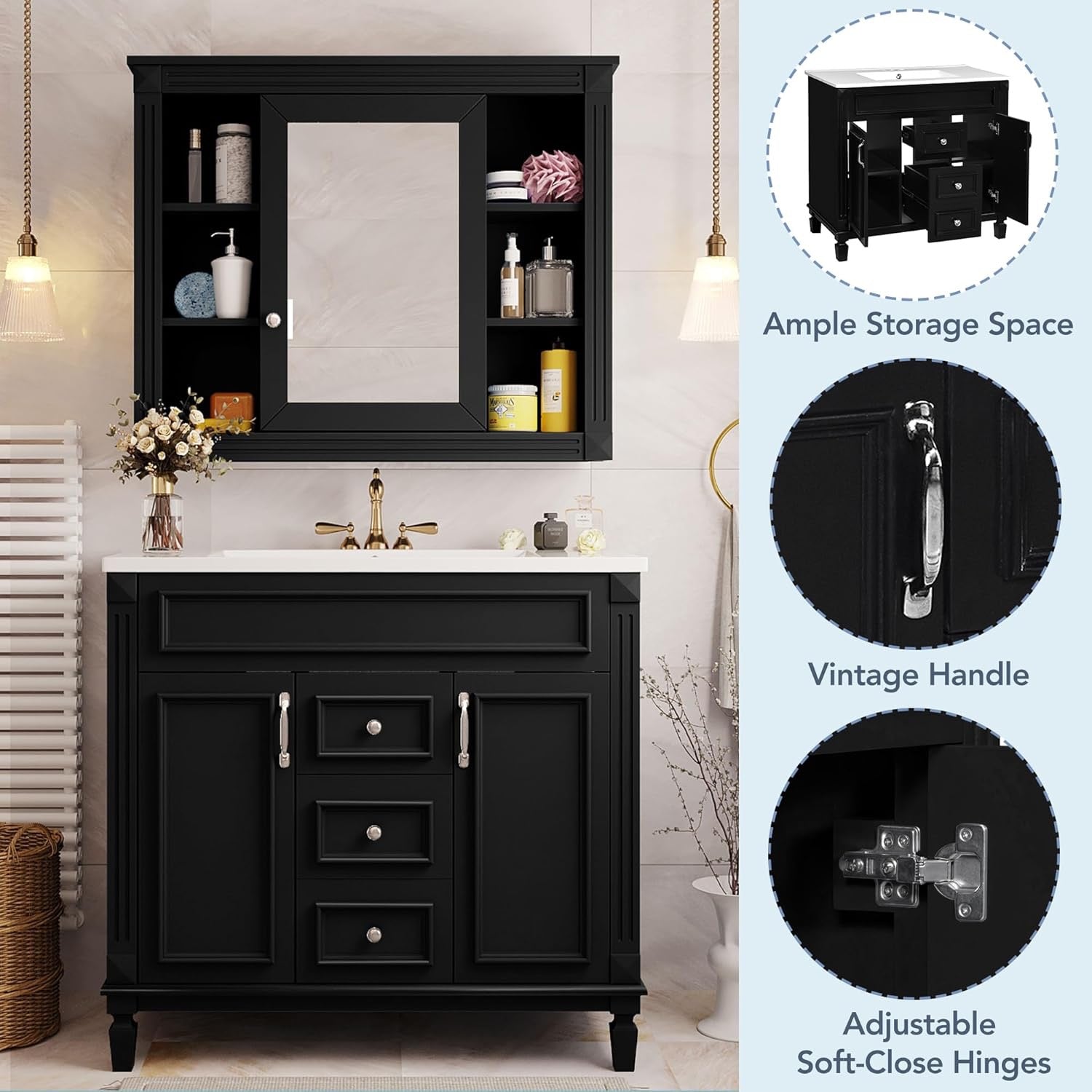 Merax 36" Bathroom Vanity with Sink & Matching Mirror | Solid Wood Storage Cabinet