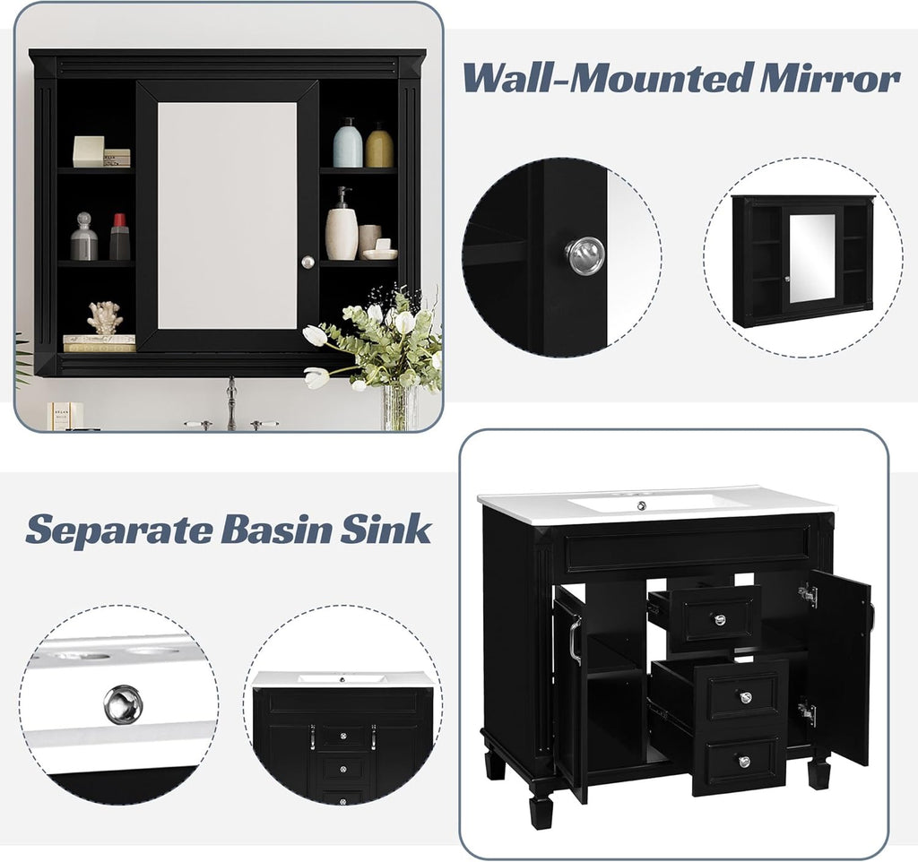 Merax 36" Bathroom Vanity with Sink & Matching Mirror | Solid Wood Storage Cabinet