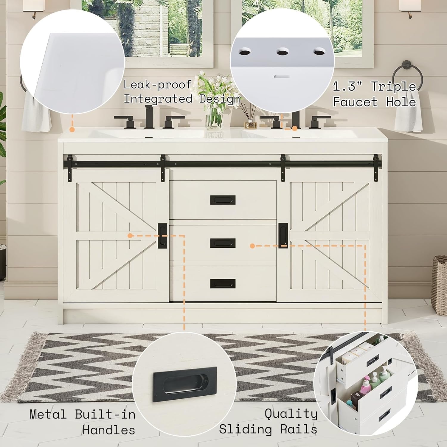 AMERLIFE 61" Farmhouse Double Bathroom Vanity | Dual Sink Cabinet with Barn Doors & Drawers