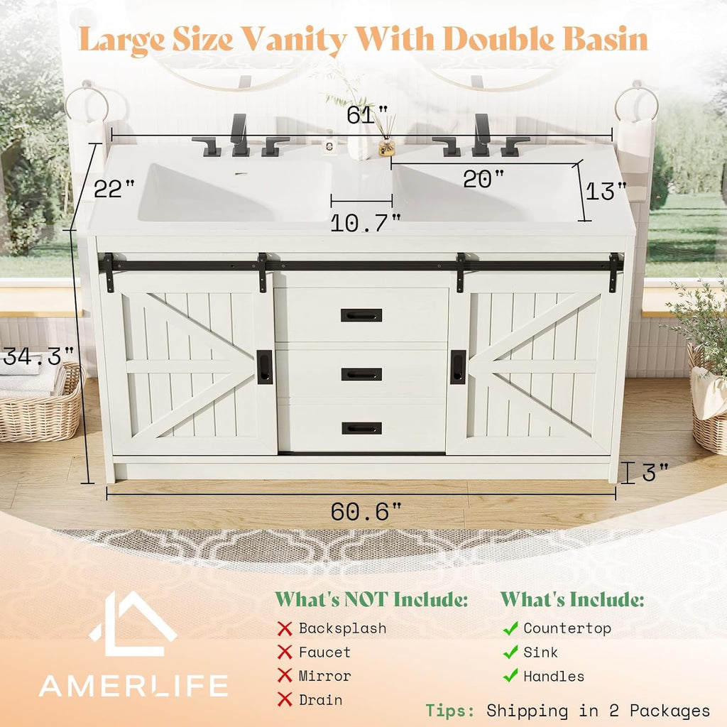 AMERLIFE 61" Farmhouse Double Bathroom Vanity | Dual Sink Cabinet with Barn Doors & Drawers