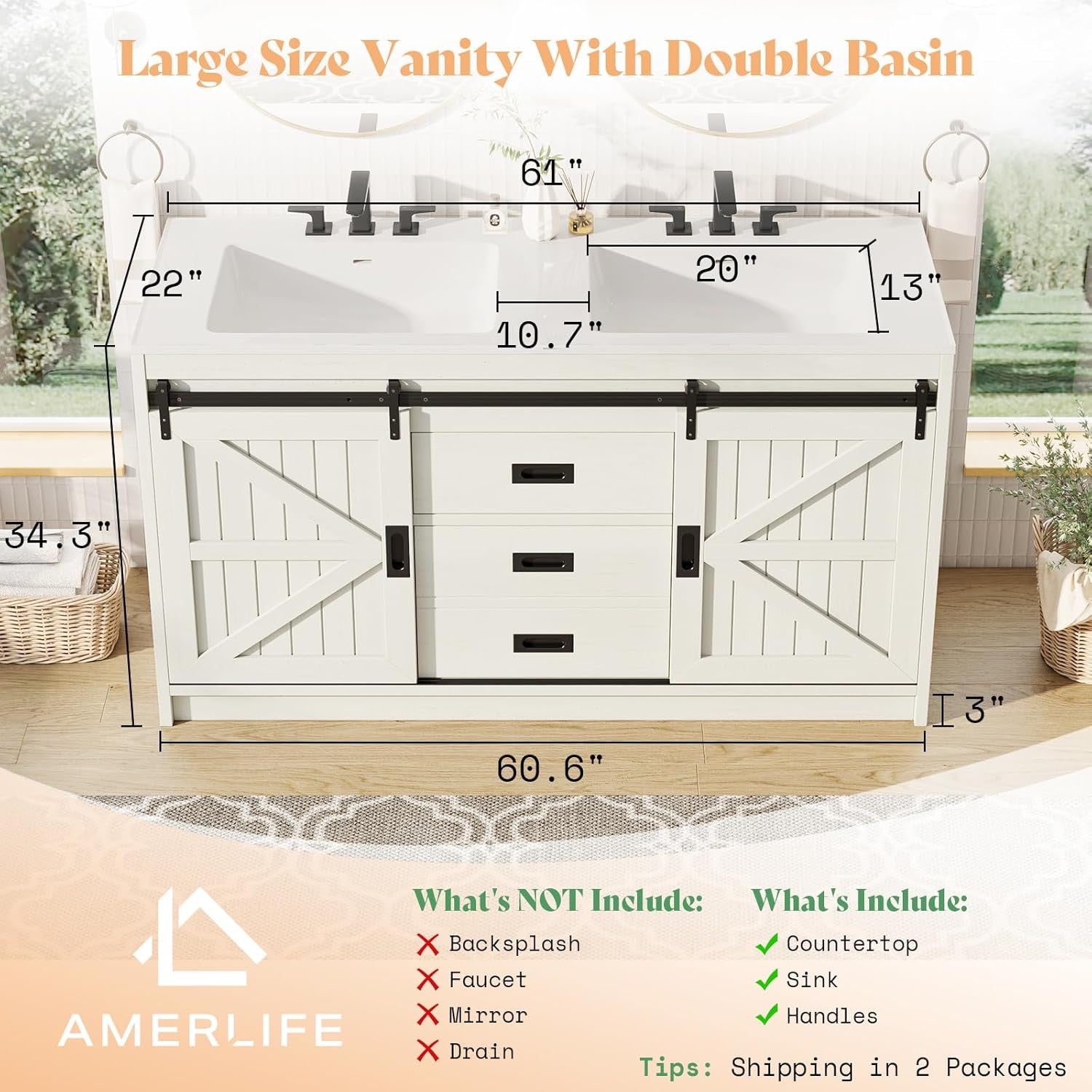 AMERLIFE 61" Farmhouse Double Bathroom Vanity | Dual Sink Cabinet with Barn Doors & Drawers