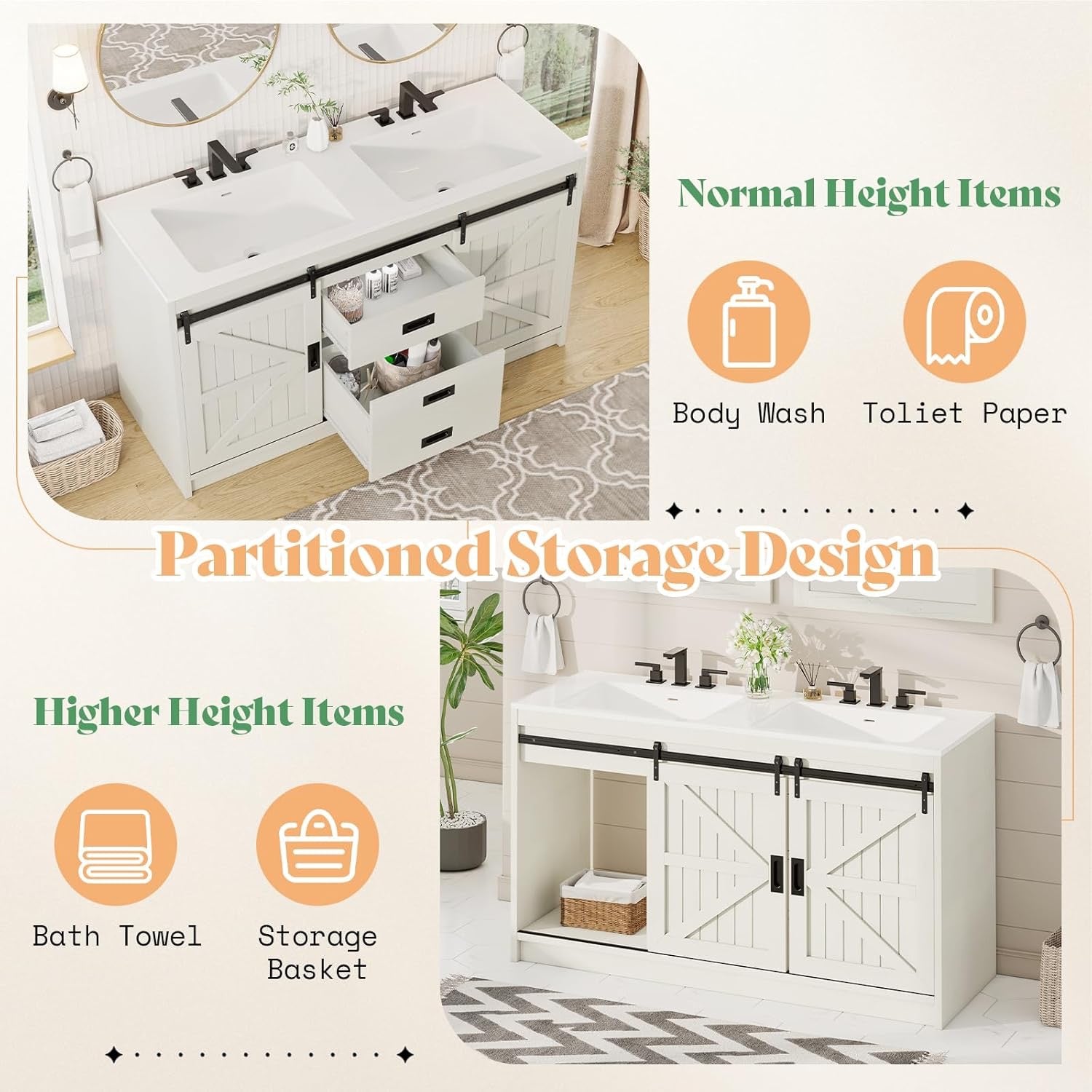 AMERLIFE 61" Farmhouse Double Bathroom Vanity | Dual Sink Cabinet with Barn Doors & Drawers