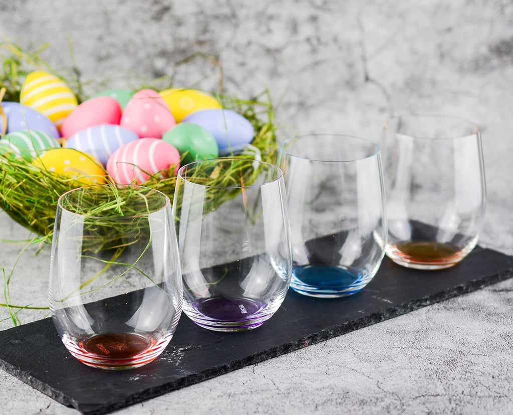 Riedel Happy O Wine Tumbler Set of 4 | Stemless Crystal Wine Glasses Colored Base Dishwasher Safe Modern Glassware