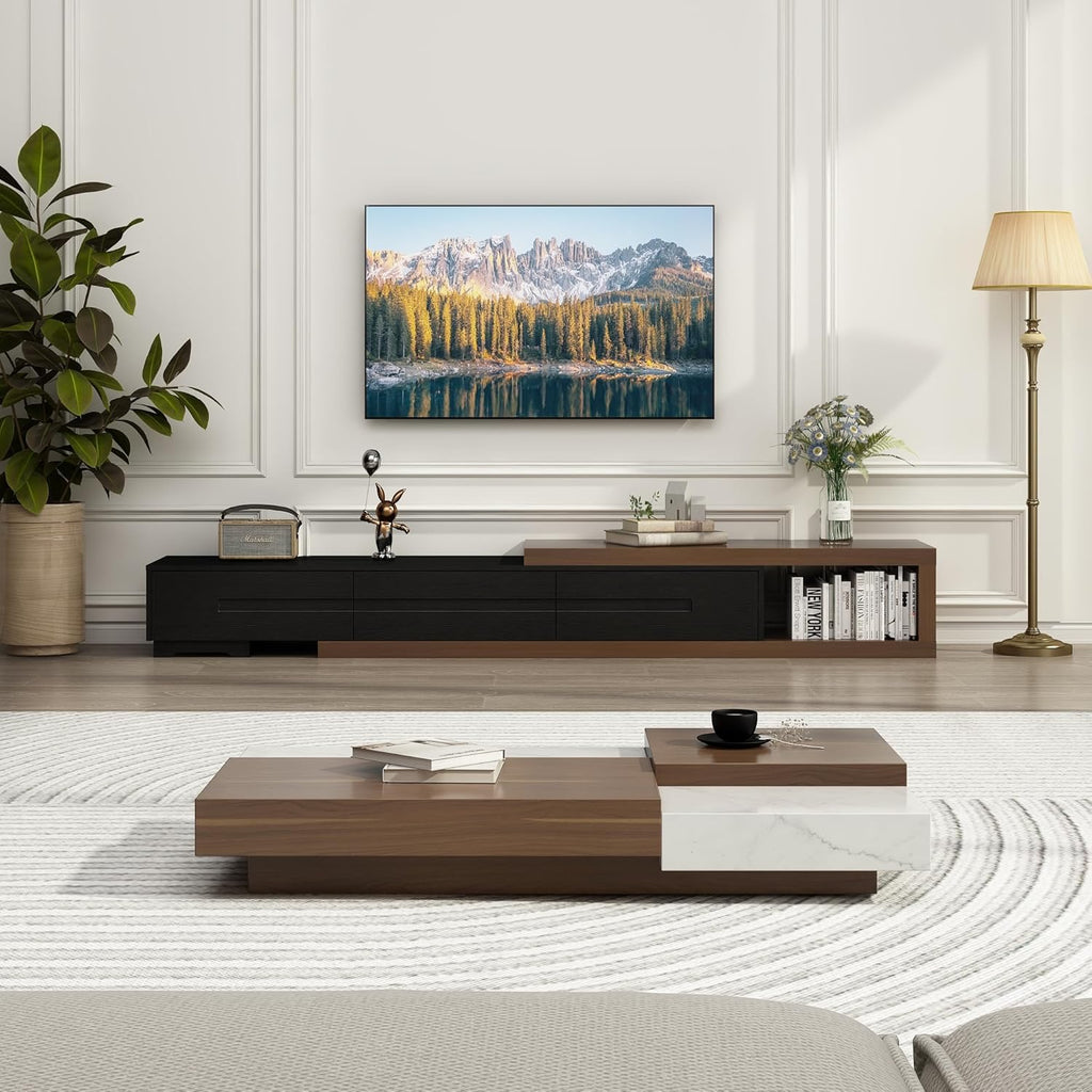 Extendable Modern TV Stand | Adjustable Wood Media Console for Up to 120” TVs (Black & Walnut)