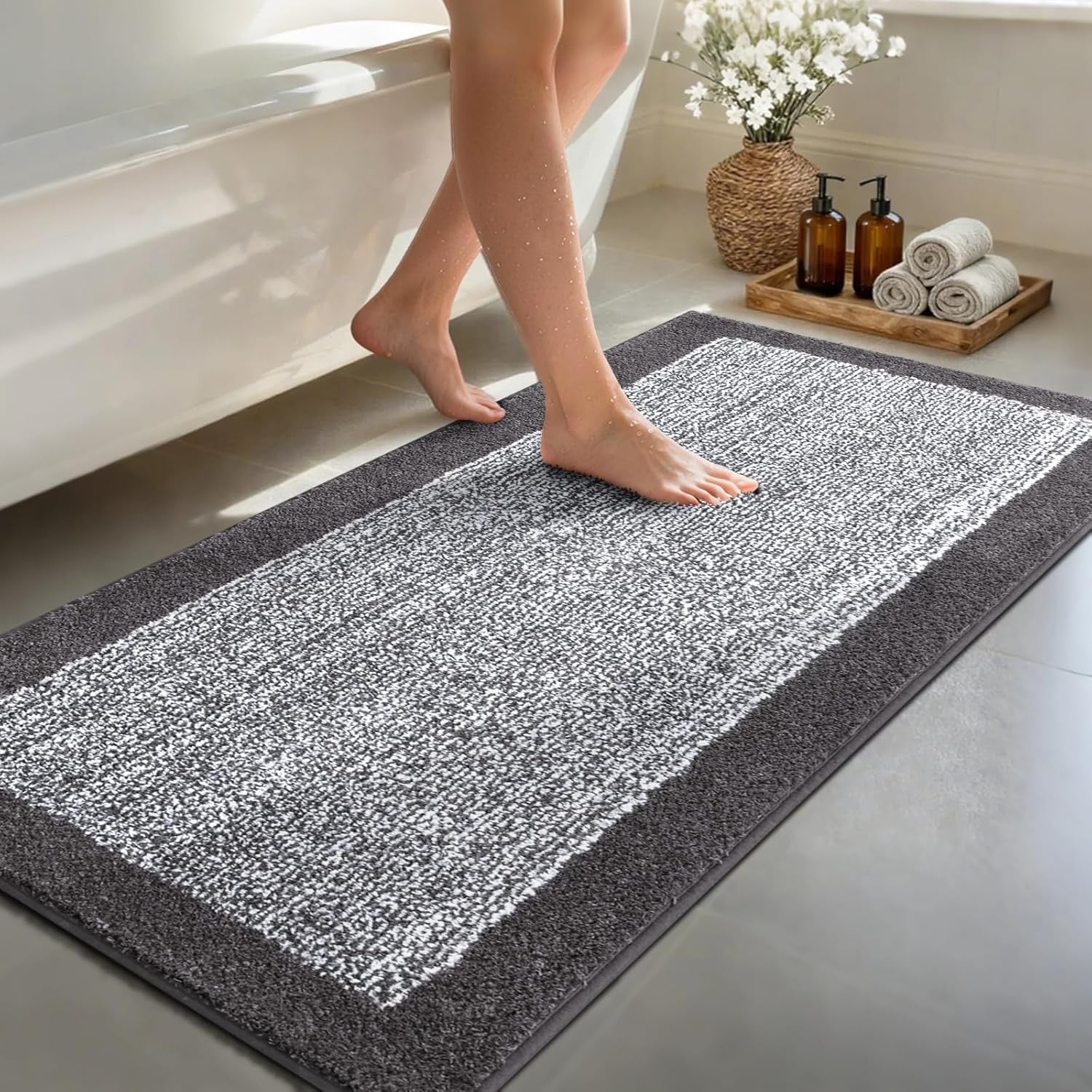 Non-Slip Washable Bathroom Runner Rug | Grey 2' x 4' Quick-Dry Bath Mat