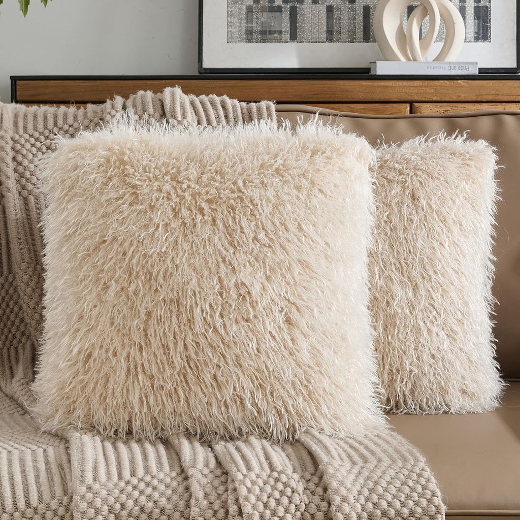 FUTEI Faux Wool Decorative Pillow Covers Set of 2 | Beige Textured Throw Pillow Covers – 18x18