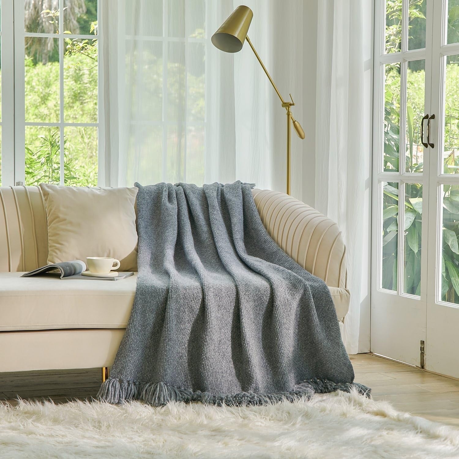 Alpaca Throw Blanket 50x60 Grey | Luxury Merino Wool Blend Cozy Tassel Throw