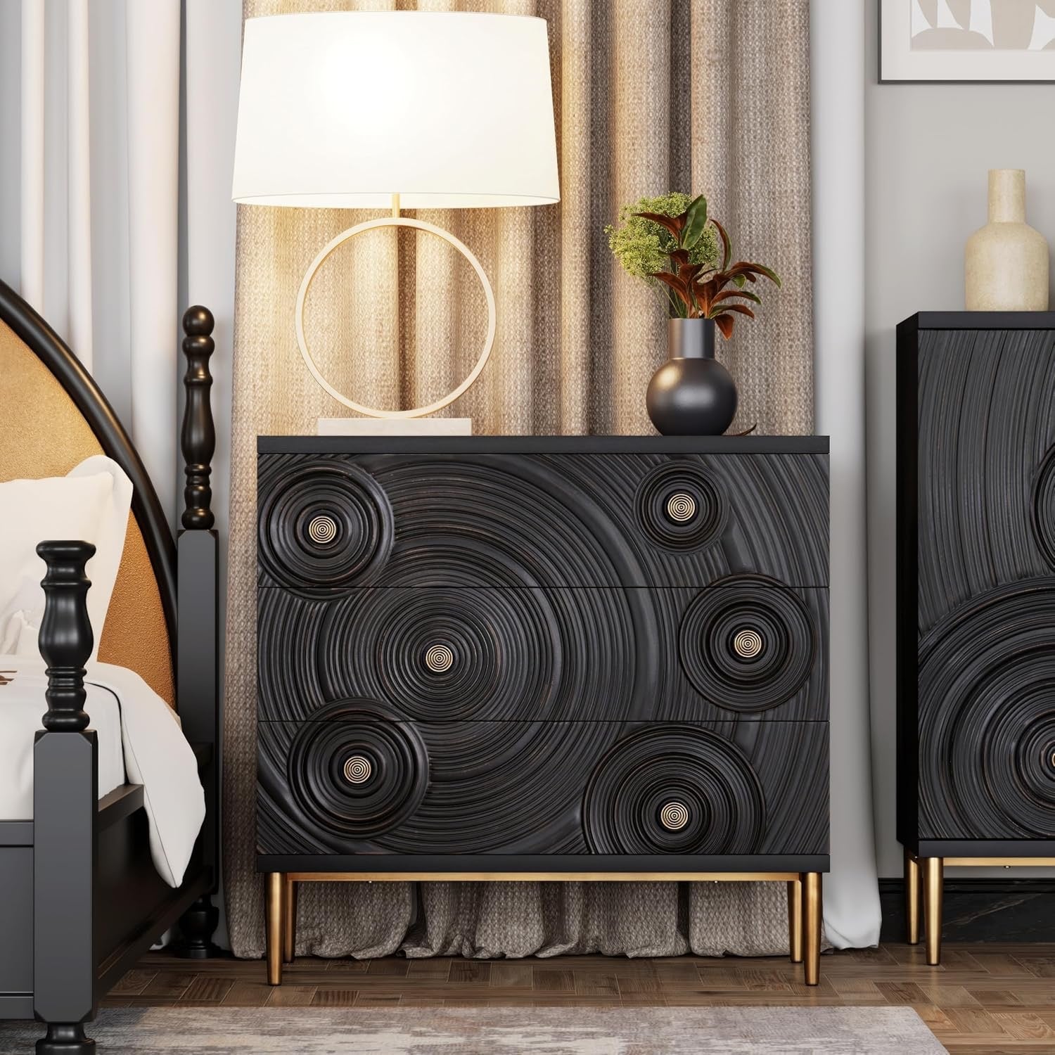 Farmhouse 3-Drawer Dresser with Ring Motif | Distressed Black & Gold Boho French Country Nightstand