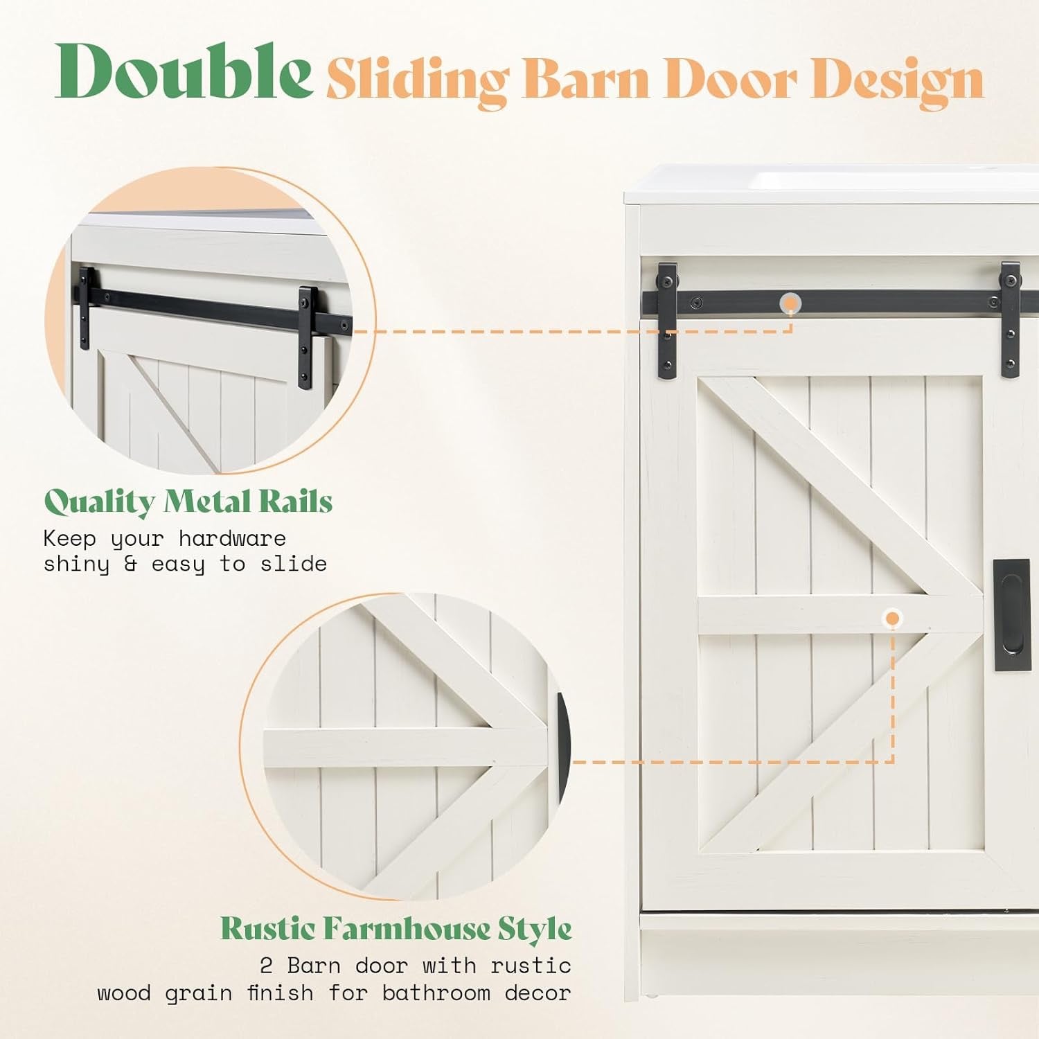 AMERLIFE 61" Farmhouse Double Bathroom Vanity | Dual Sink Cabinet with Barn Doors & Drawers