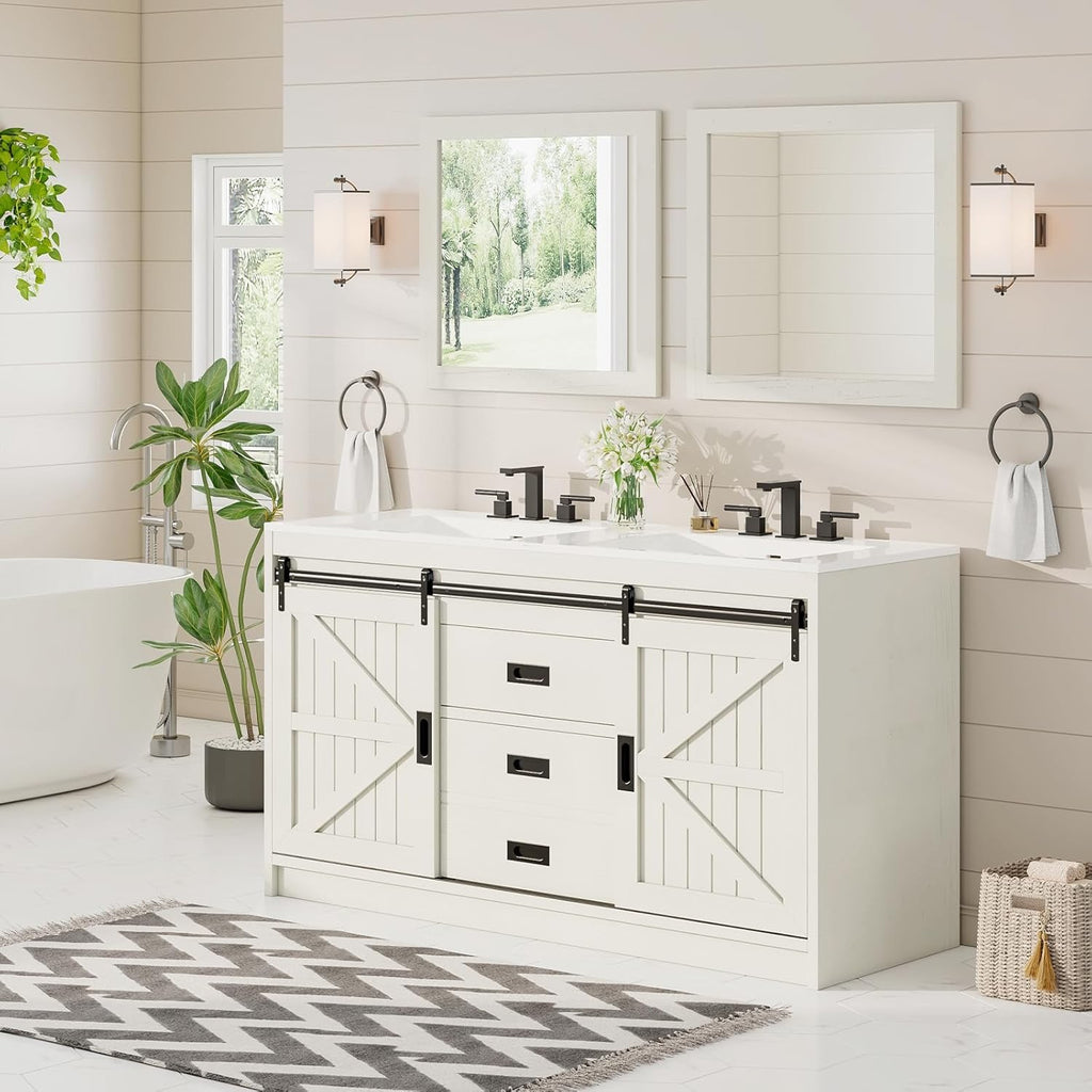 AMERLIFE 61" Farmhouse Double Bathroom Vanity | Dual Sink Cabinet with Barn Doors & Drawers