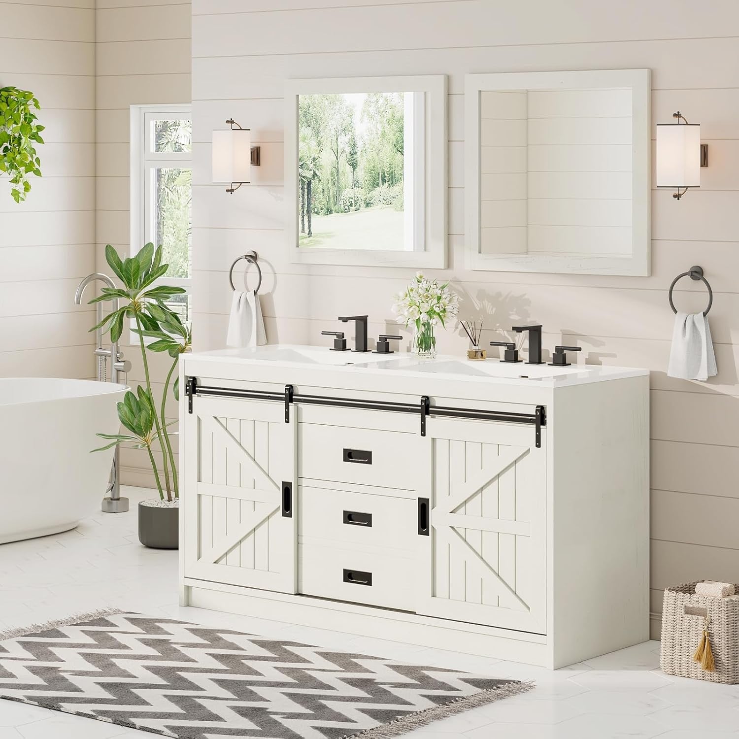 AMERLIFE 61" Farmhouse Double Bathroom Vanity | Dual Sink Cabinet with Barn Doors & Drawers