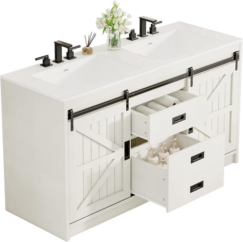 AMERLIFE 61" Farmhouse Double Bathroom Vanity | Dual Sink Cabinet with Barn Doors & Drawers