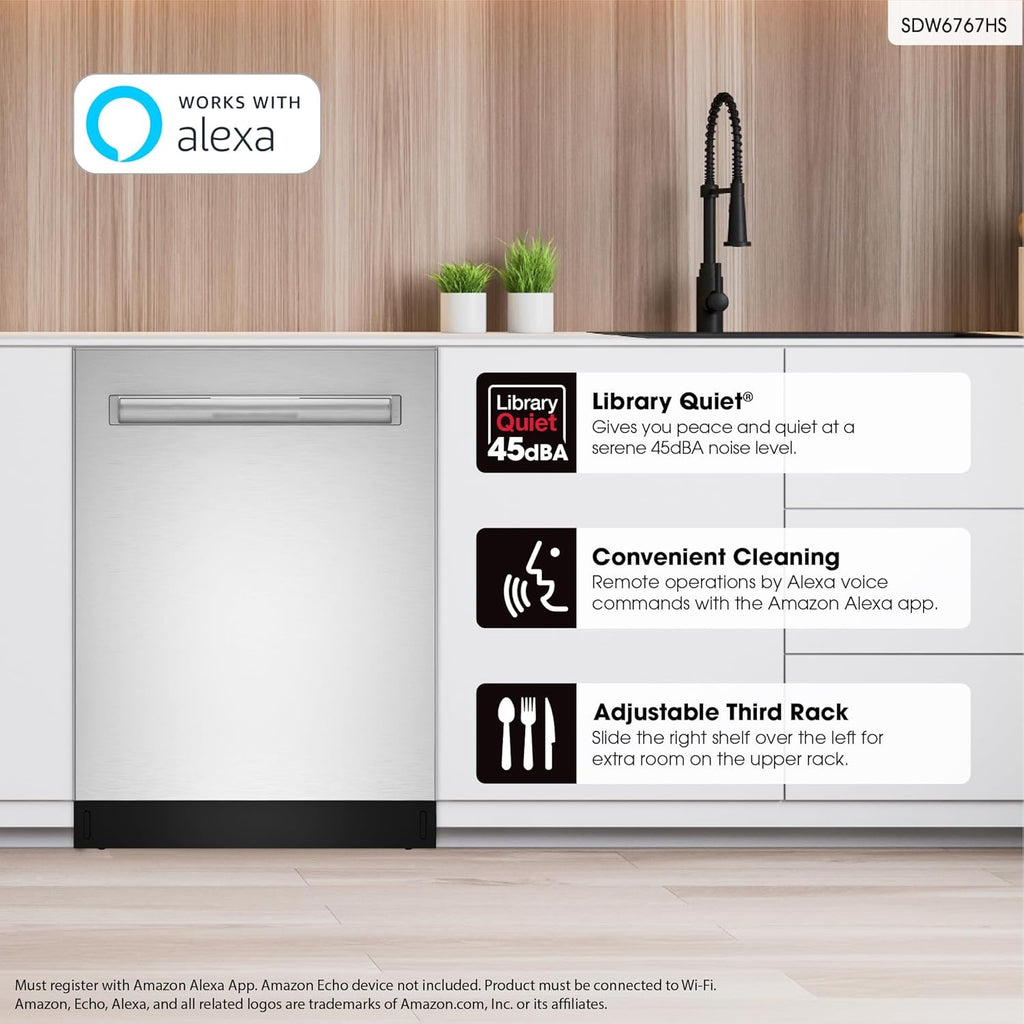 SHARP SDW6767HS Smart Dishwasher | Alexa Compatible with LED Interior & Adjustable Third Rack (Stainless Steel)
