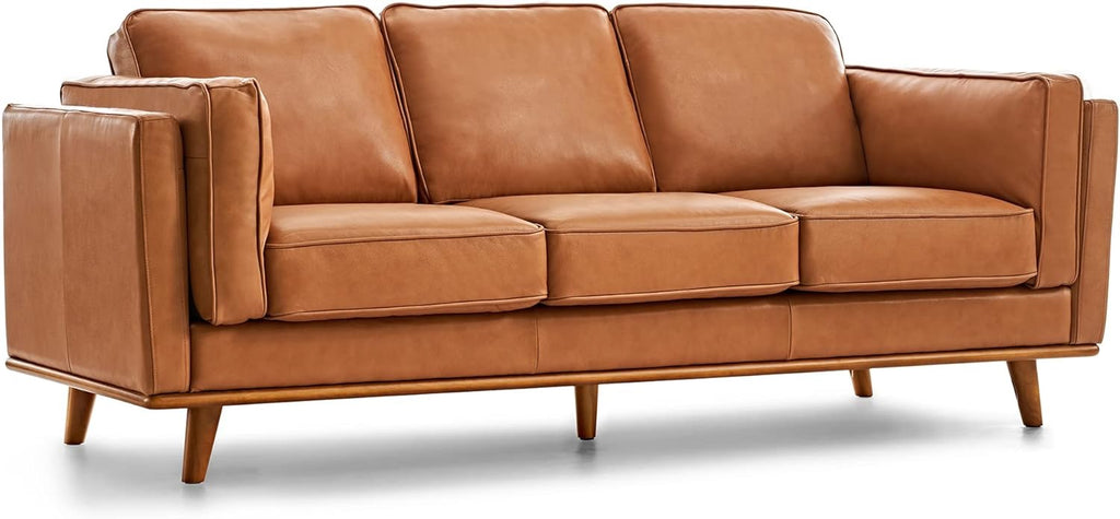 Valencia Artisan 88” Full Italian Nappa Leather Sofa | Cognac Tan Solid Wood Accent Couch
