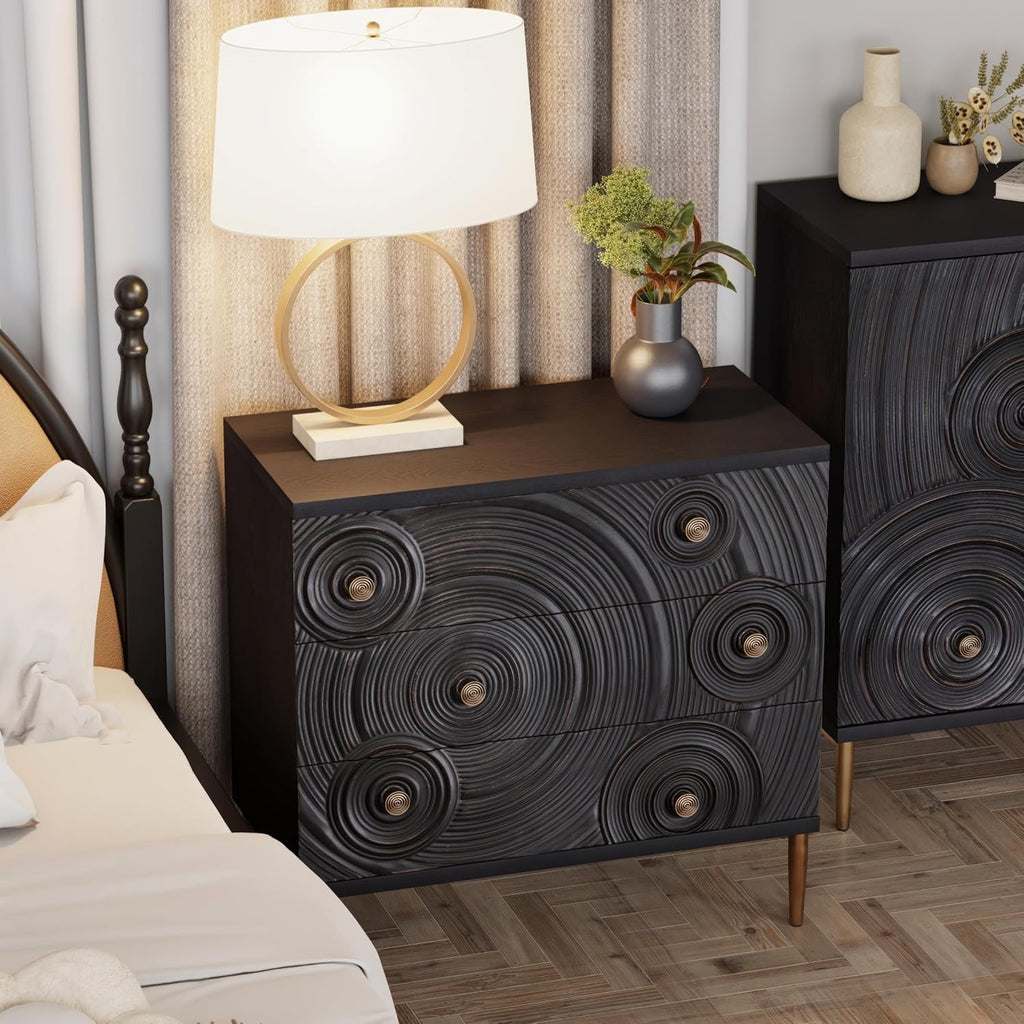 Farmhouse 3-Drawer Dresser with Ring Motif | Distressed Black & Gold Boho French Country Nightstand