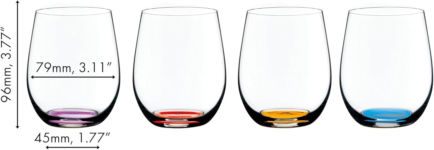Riedel Happy O Wine Tumbler Set of 4 | Stemless Crystal Wine Glasses Colored Base Dishwasher Safe Modern Glassware