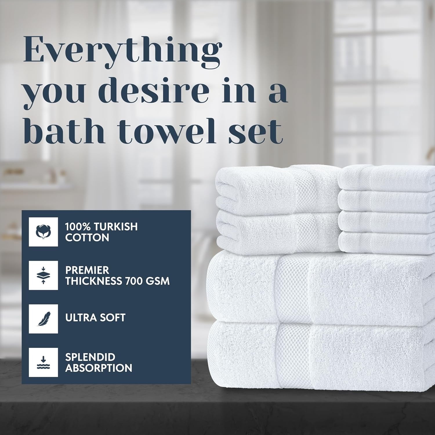Luxury Turkish Cotton Bath Towel Set (8-Piece) | 700 GSM Hotel-Style White Towels