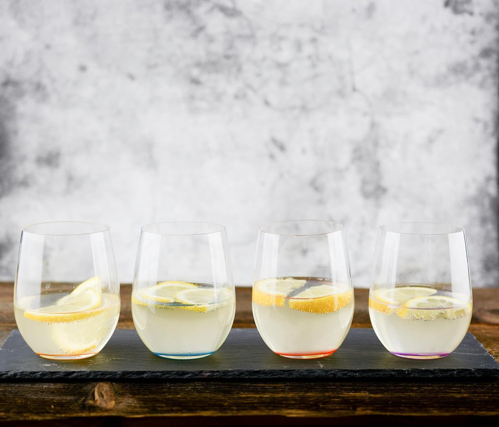 Riedel Happy O Wine Tumbler Set of 4 | Stemless Crystal Wine Glasses Colored Base Dishwasher Safe Modern Glassware