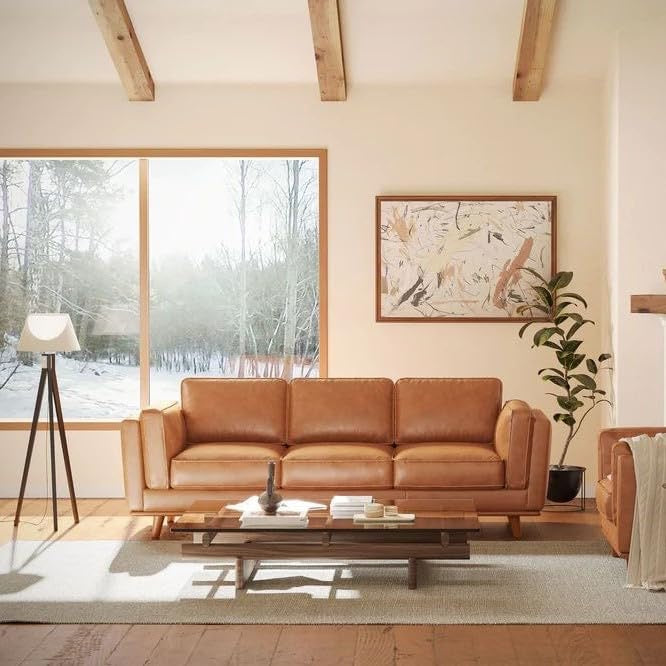 Valencia Artisan 88” Full Italian Nappa Leather Sofa | Cognac Tan Solid Wood Accent Couch