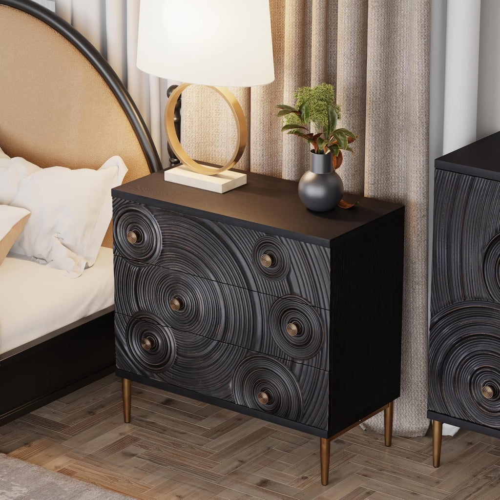 Farmhouse 3-Drawer Dresser with Ring Motif | Distressed Black & Gold Boho French Country Nightstand