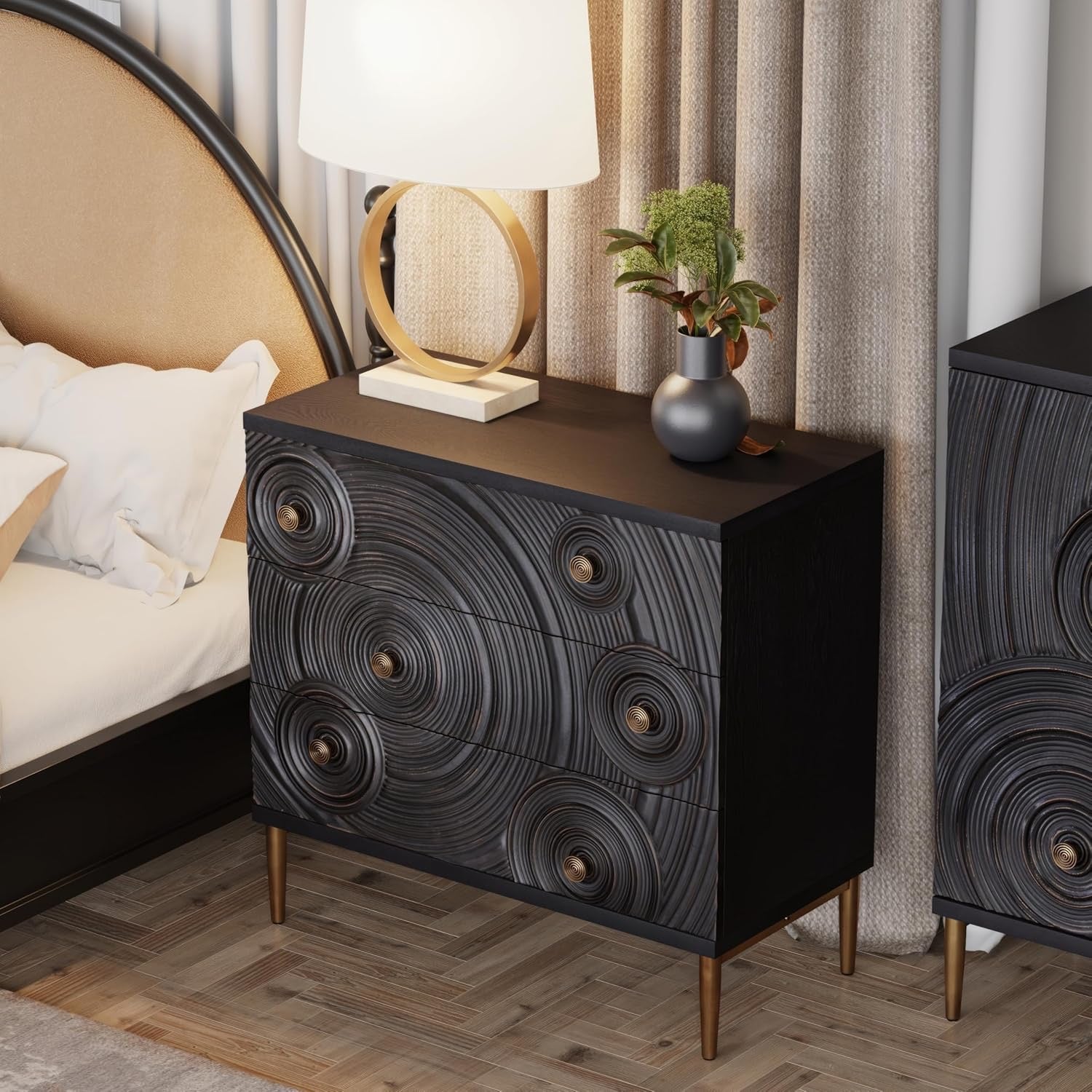 Farmhouse 3-Drawer Dresser with Ring Motif | Distressed Black & Gold Boho French Country Nightstand