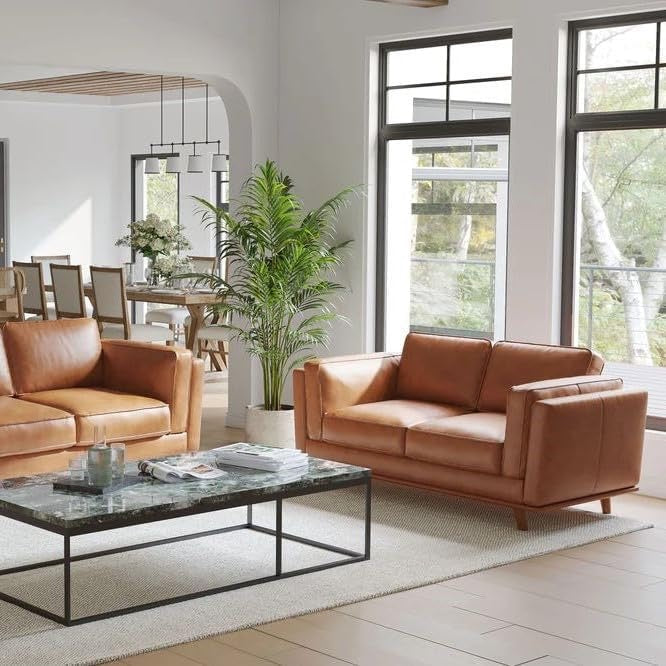Valencia Artisan 88” Full Italian Nappa Leather Sofa | Cognac Tan Solid Wood Accent Couch