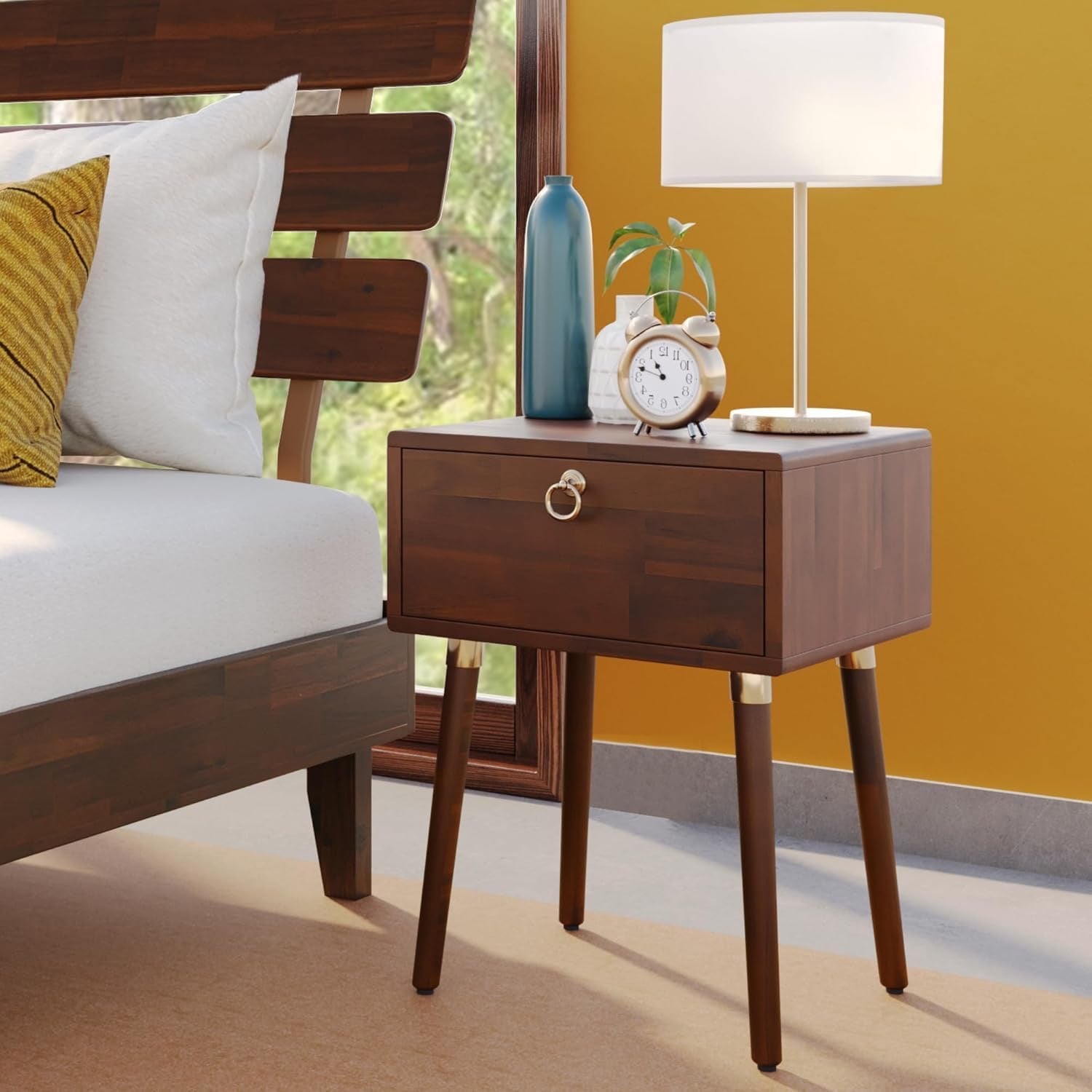 Bme Caden Solid Wood Nightstand | Mid-Century Walnut Side Table with Storage Drawer