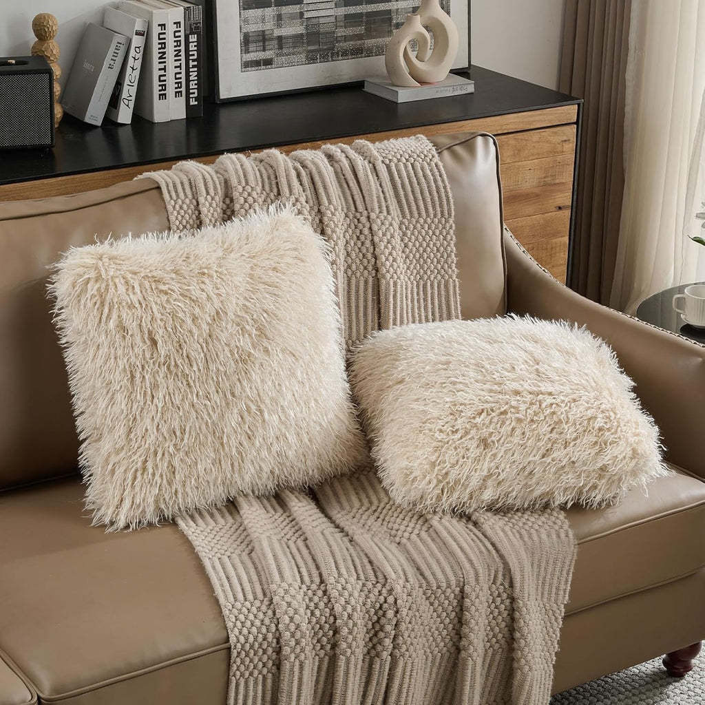 FUTEI Faux Wool Decorative Pillow Covers Set of 2 | Beige Textured Throw Pillow Covers – 18x18