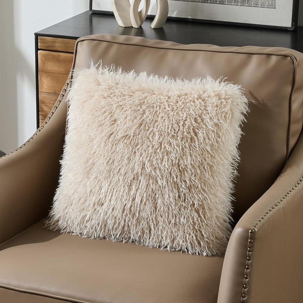 FUTEI Faux Wool Decorative Pillow Covers Set of 2 | Beige Textured Throw Pillow Covers – 18x18