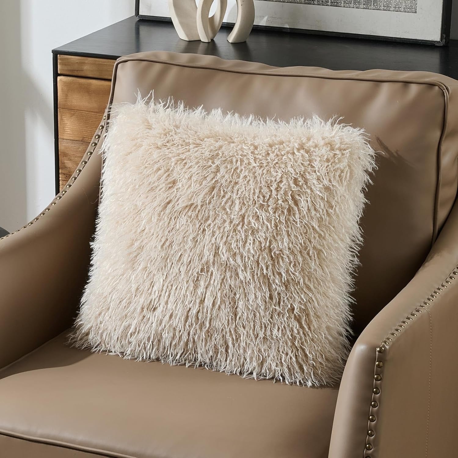 FUTEI Faux Wool Decorative Pillow Covers Set of 2 | Beige Textured Throw Pillow Covers – 18x18