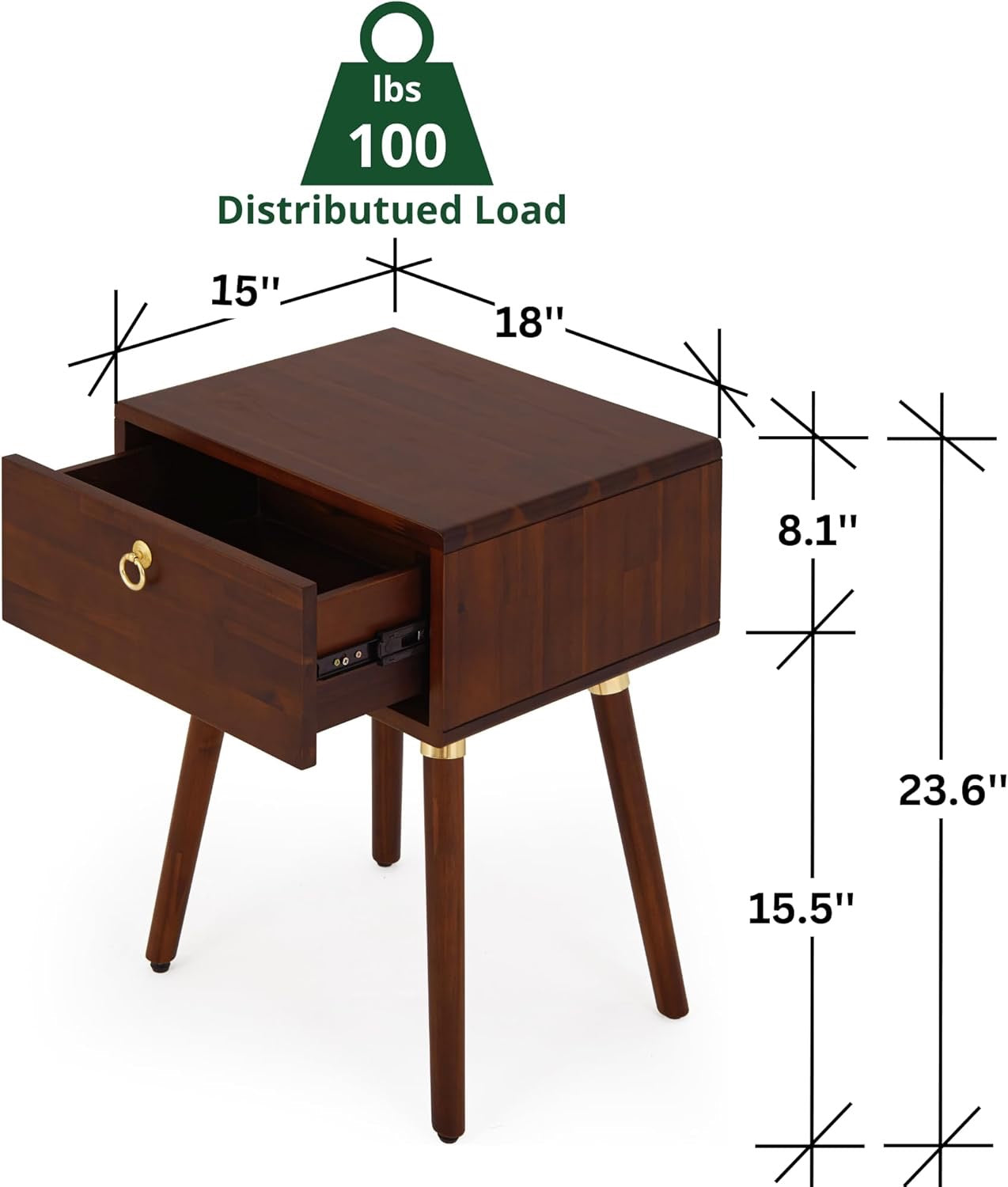 Bme Caden Solid Wood Nightstand | Mid-Century Walnut Side Table with Storage Drawer