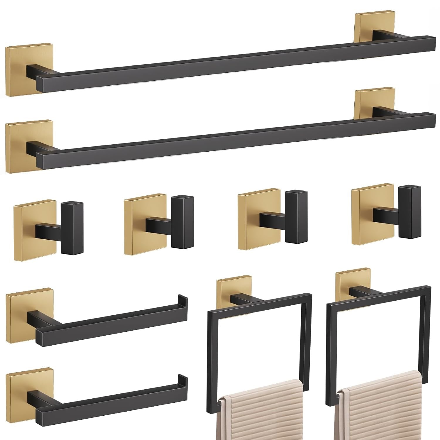 Black & Gold 10-Piece Bathroom Hardware Set | Wall-Mounted SUS304 Stainless Steel Towel Bar Collection