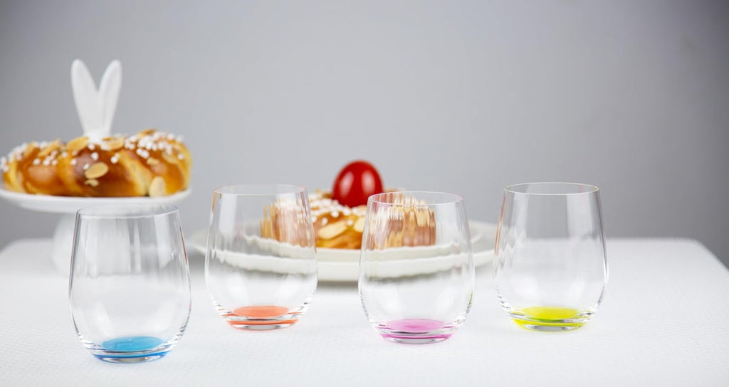 Riedel Happy O Wine Tumbler Set of 4 | Stemless Crystal Wine Glasses Colored Base Dishwasher Safe Modern Glassware