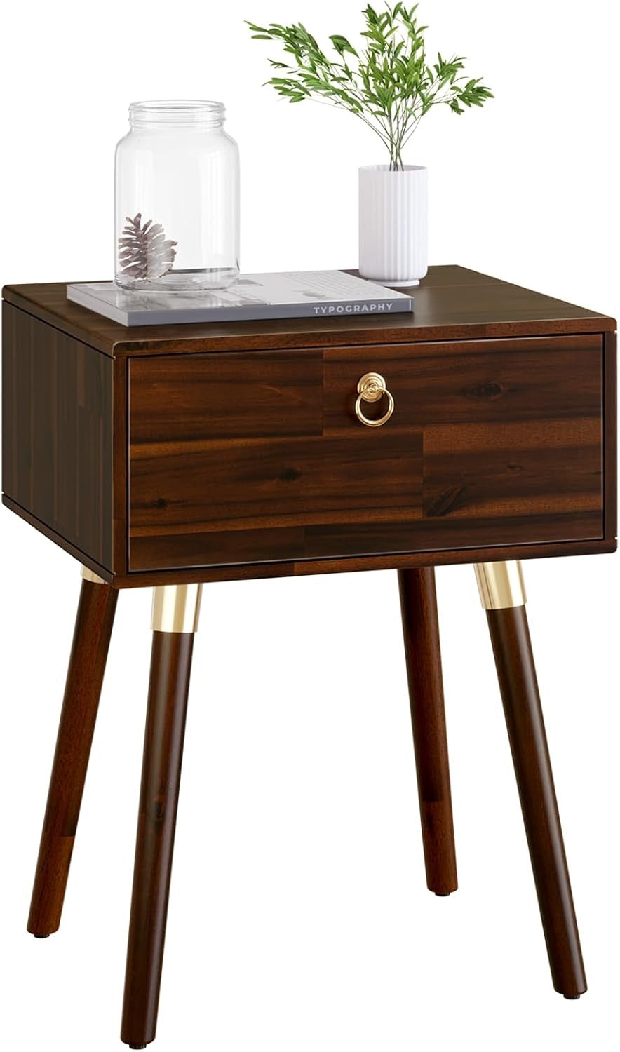 Bme Caden Solid Wood Nightstand | Mid-Century Walnut Side Table with Storage Drawer