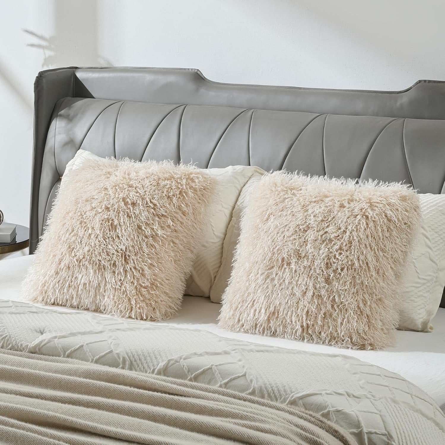 FUTEI Faux Wool Decorative Pillow Covers Set of 2 | Beige Textured Throw Pillow Covers – 18x18