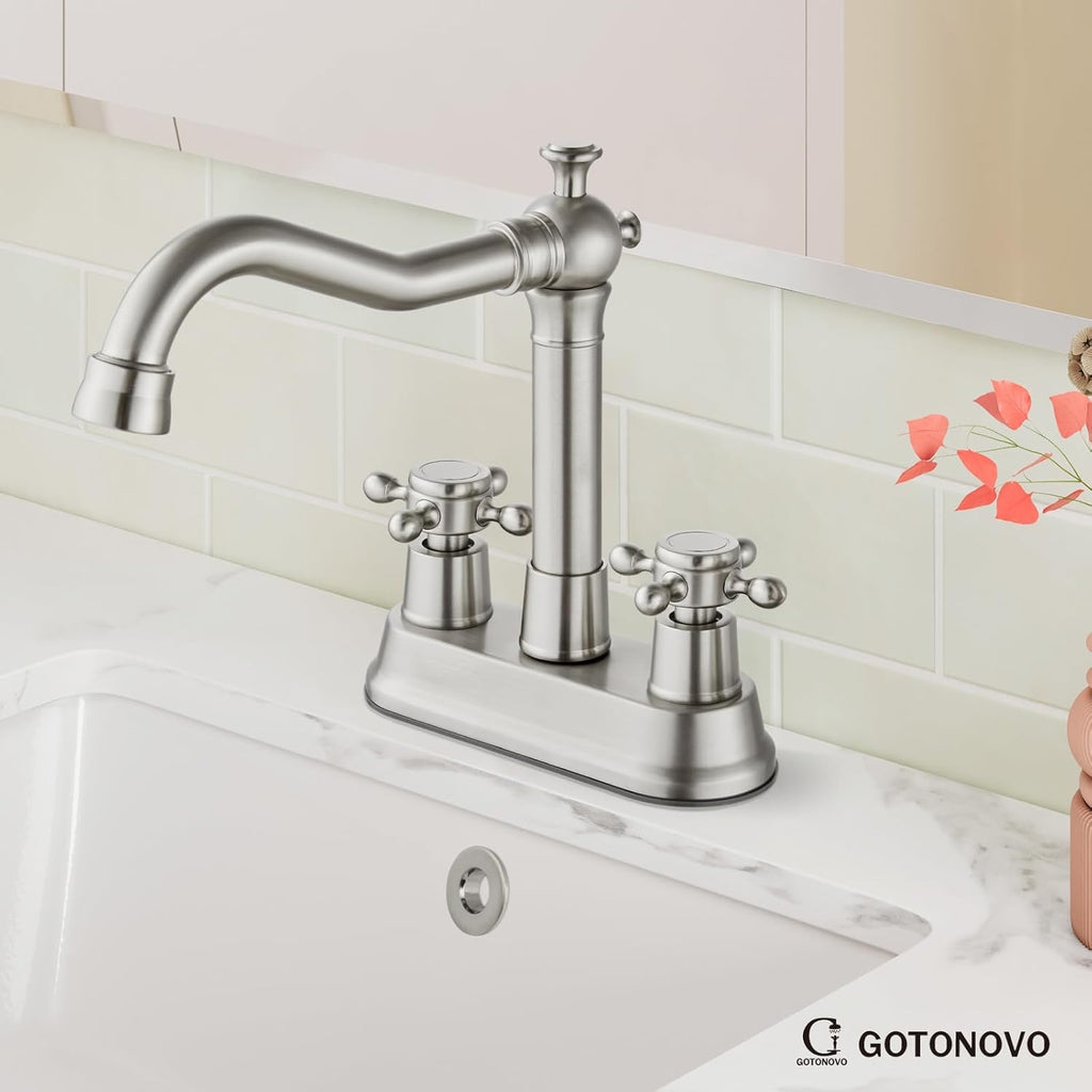 gotonovo 4 Inch Centerset Bathroom Faucet | Brushed Nickel Cross Handle Vanity Faucet with Pop-Up Drain