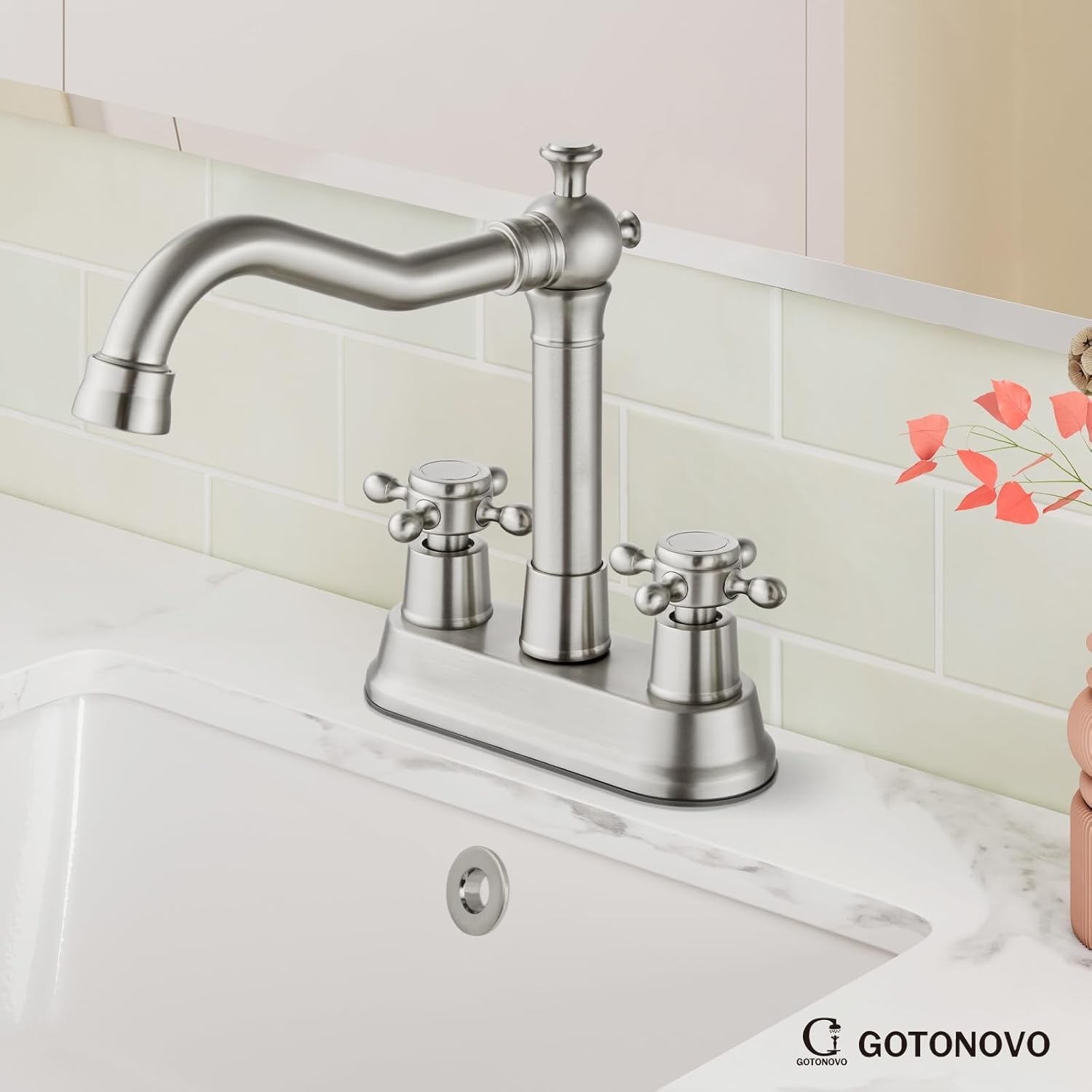 gotonovo 4 Inch Centerset Bathroom Faucet | Brushed Nickel Cross Handle Vanity Faucet with Pop-Up Drain